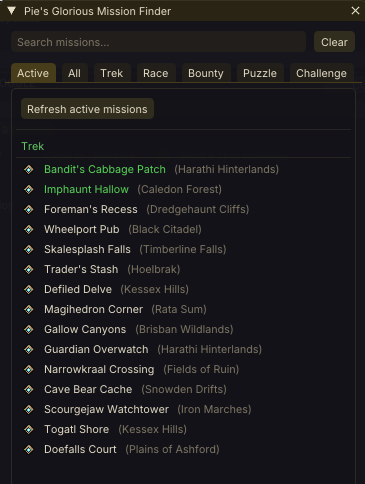 Mission Finder – active missions view